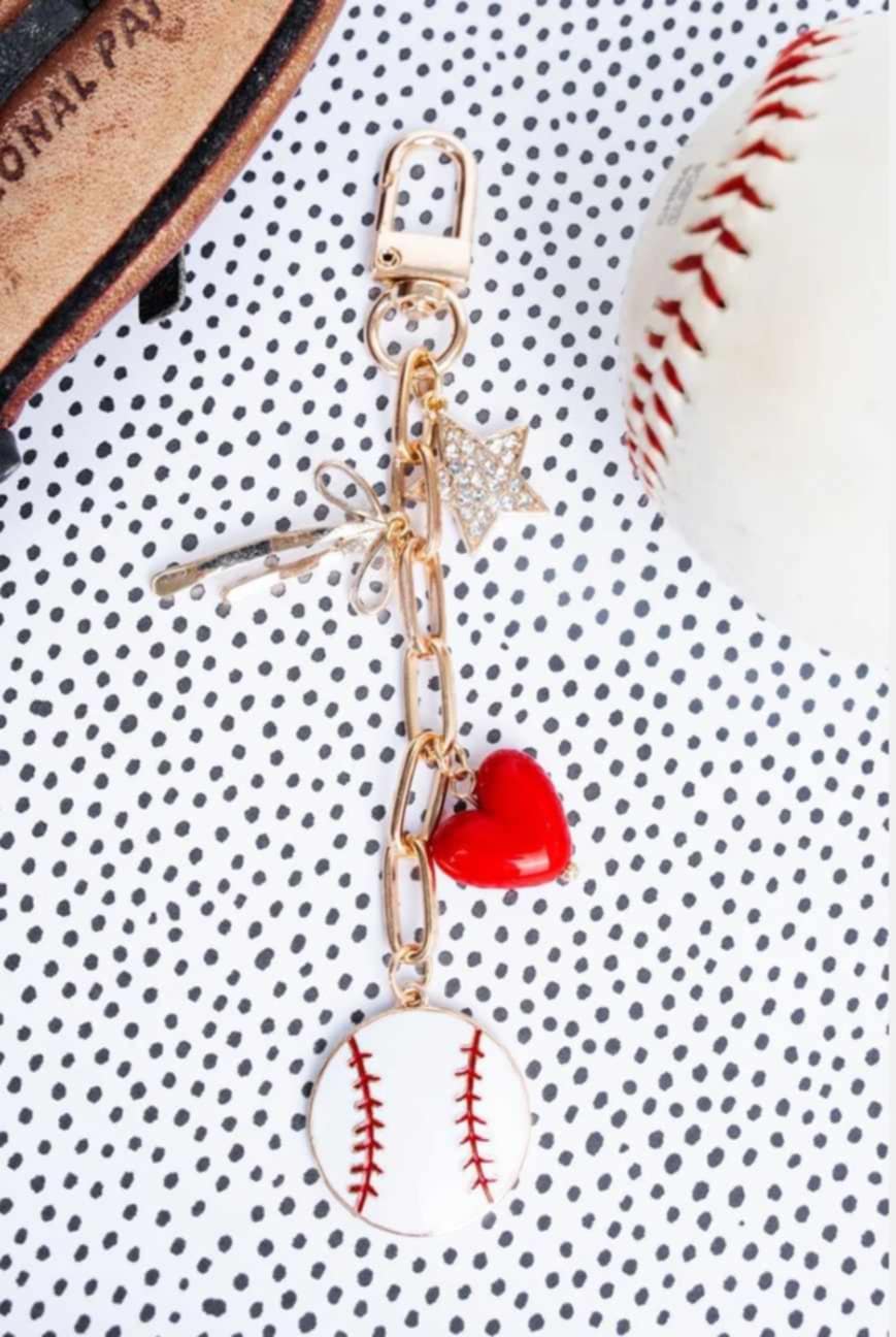 Baseball and Bows Goldtone Keychain/ Bag Charms