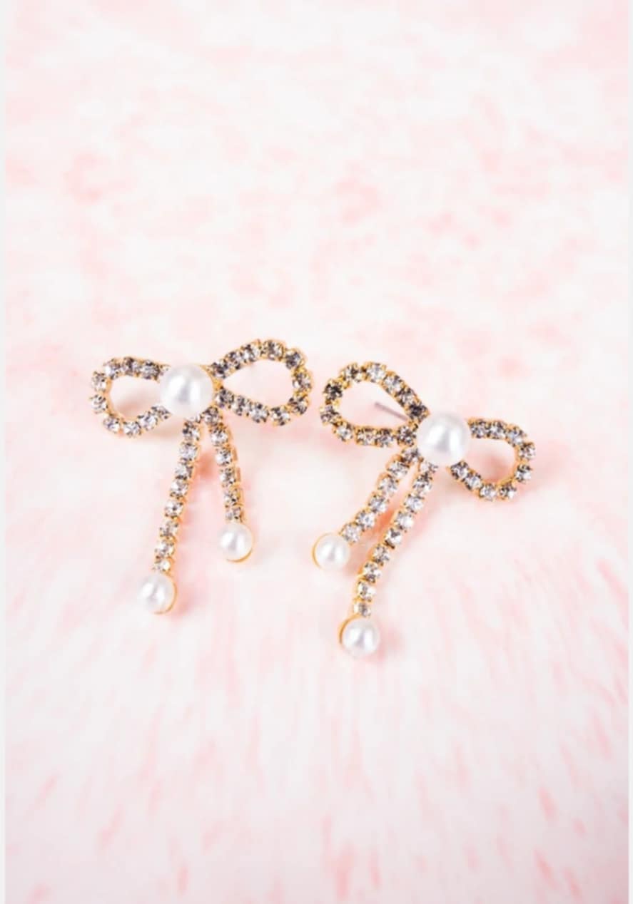 Crystal and Pearl Bow Goldtone Earrings
