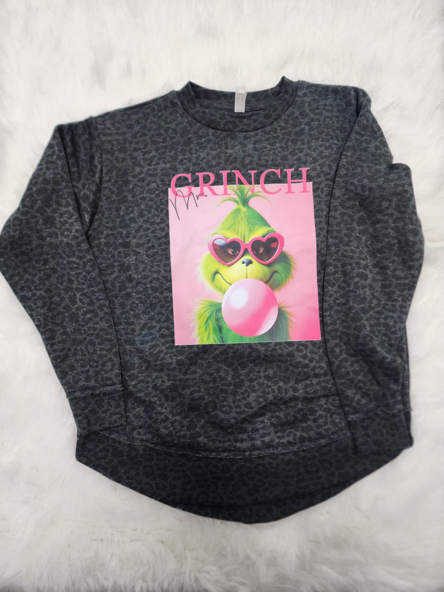 Gr*nch Bubble Gum Black Leopard Sweater