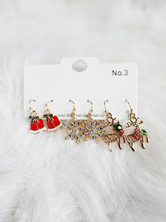 Snonwflake Bell and Snowman Silvertone Earrings 3 pair set