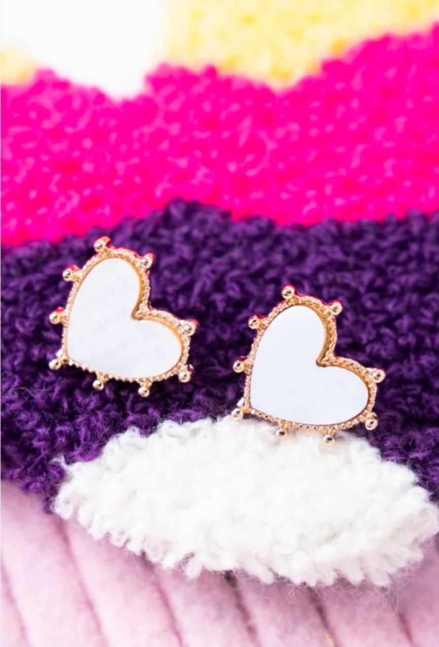 White and Goldtone Heart Earrings