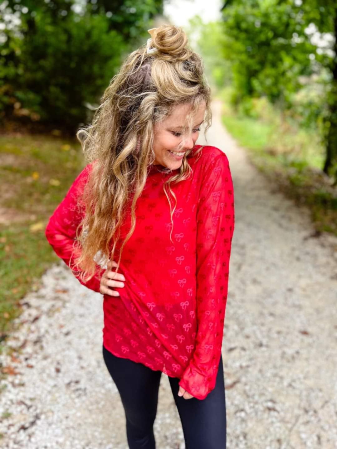 Red Mesh Long Sleeve Top
