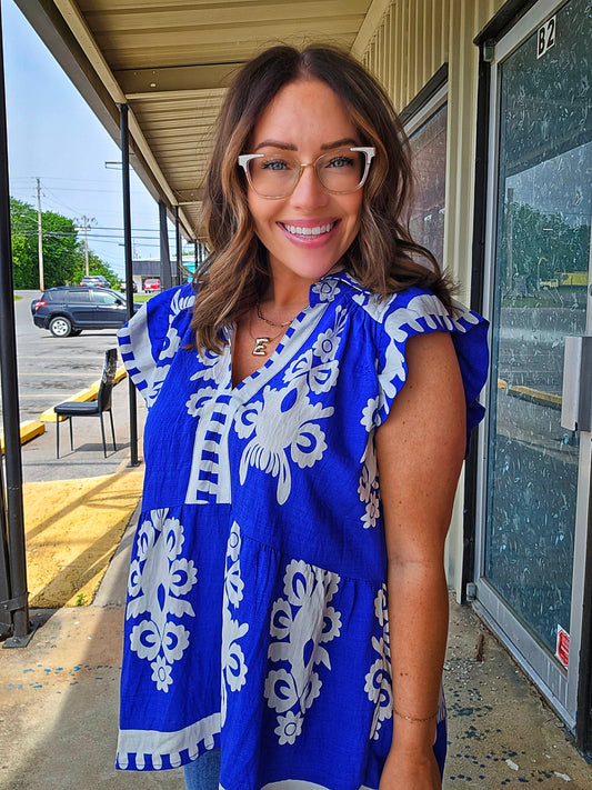 Blue and White Dress Top